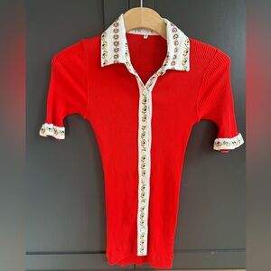 Celine Red Button Up Cotton Cardigan Top with Floral Collar & Trim • 42